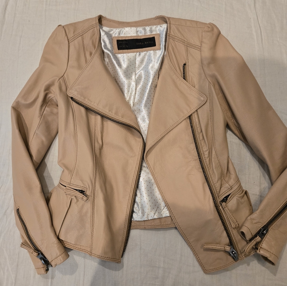 Zara Women's Beige Pink Lambskin Leather Jacket